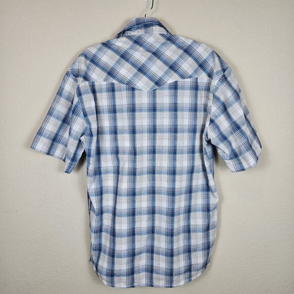 Rustler by Wrangler Mens Pearl Snap Plaid Cotton Western Cowboy Metallic Blue S - Picture 14 of 15